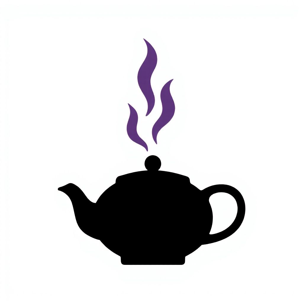 Силуэт черного японского чайника с фиолетовыми завитками пара.