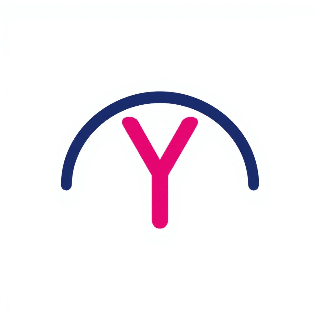 Уникальная розовая строчная буква Y под темно-синей дугой.
