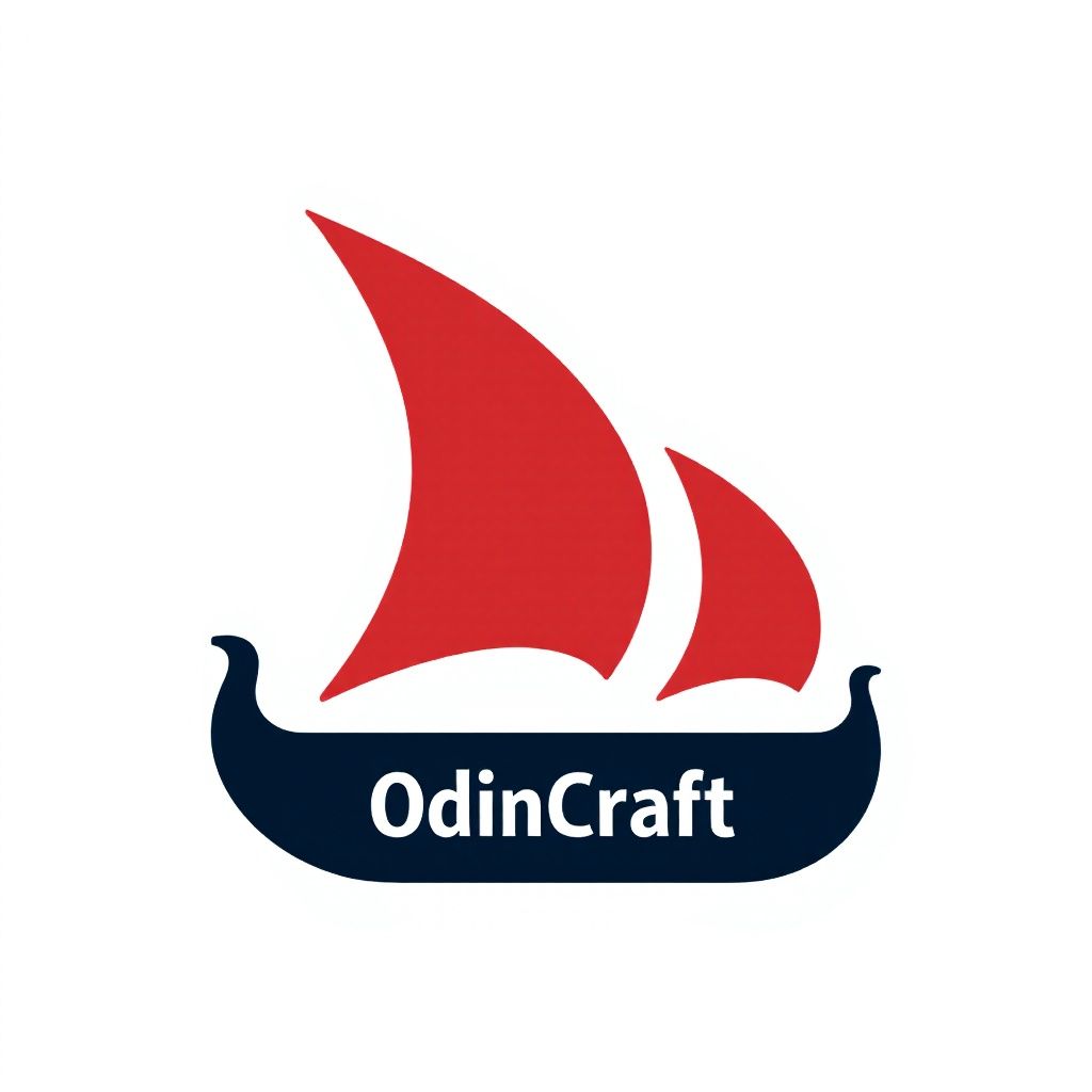 Викингский корабль с красным полосатым парусом и названием компании 'OdinCraft' ниже.