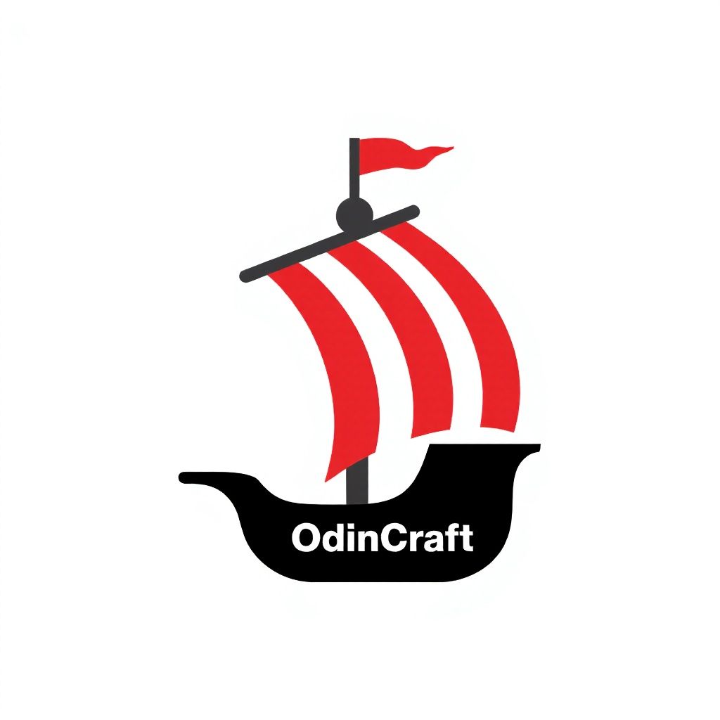 Викингский корабль с красным полосатым парусом и названием компании 'OdinCraft' ниже.