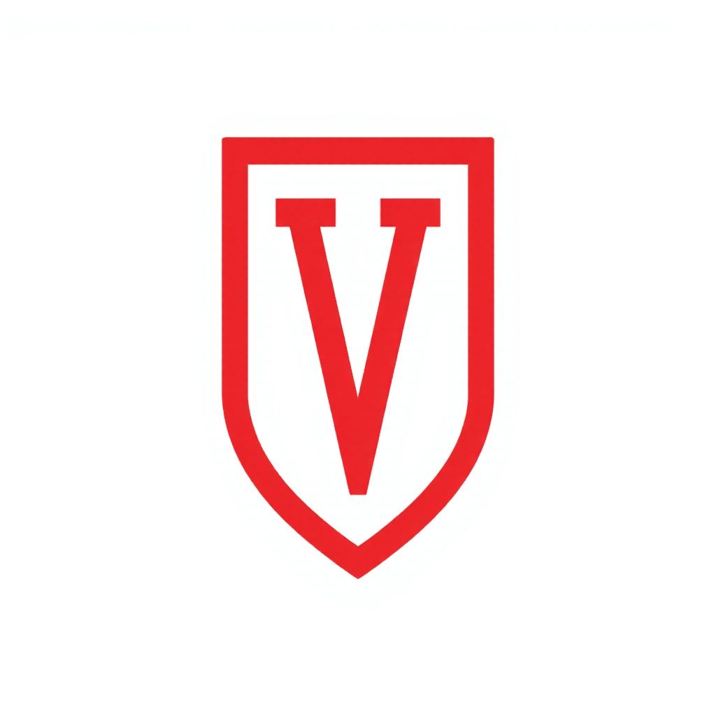 Силуэт красного щита с белой 'V' внутри.