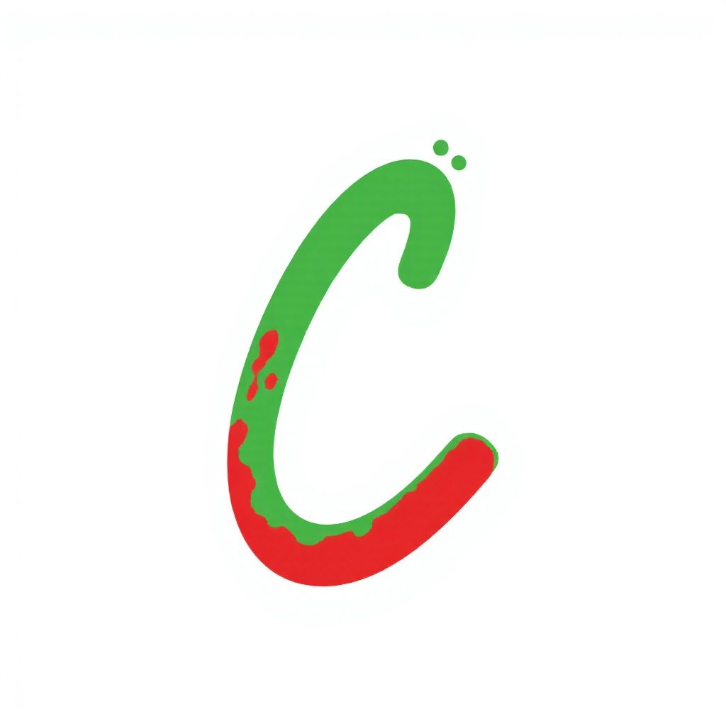 Артистичная красная 'C', похожая на мазок кисти, с зелеными брызгами.