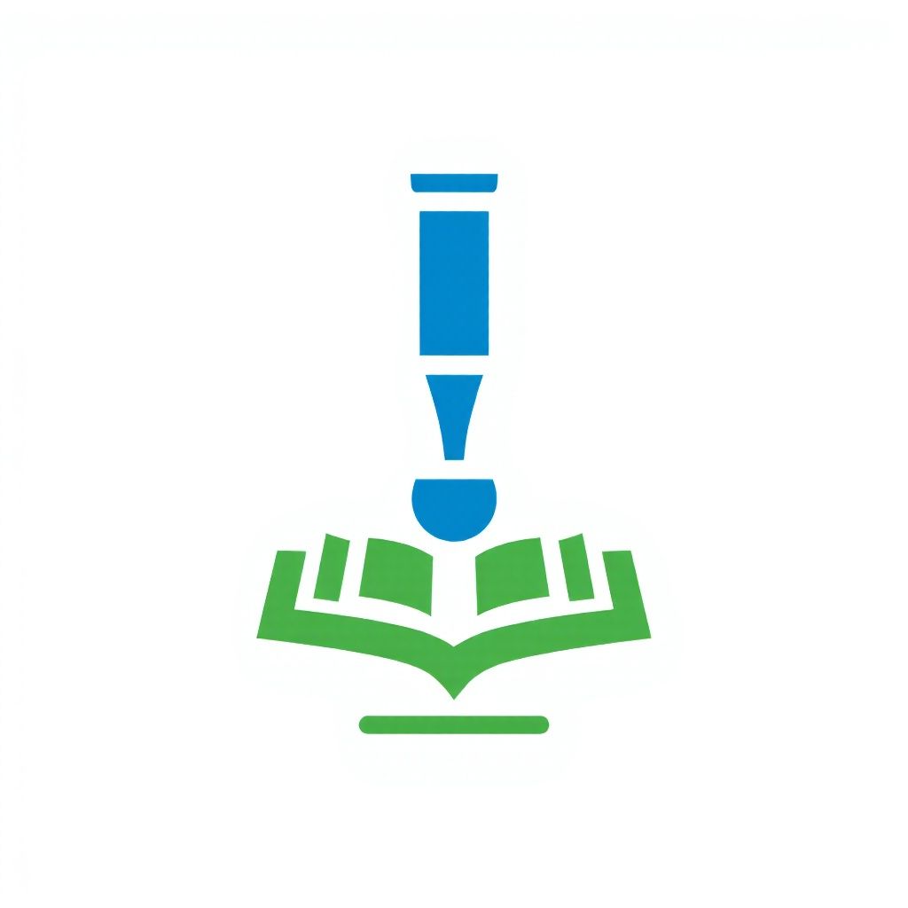 Открытая зеленая книга, прислоненная к синей чернильнице.