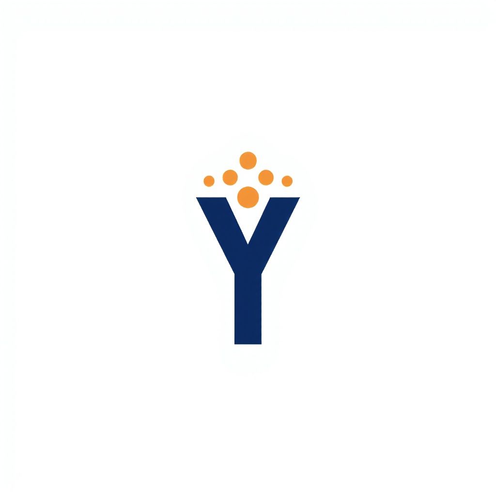 Темно-синяя буква Y без засечек под рядом цветных точек.