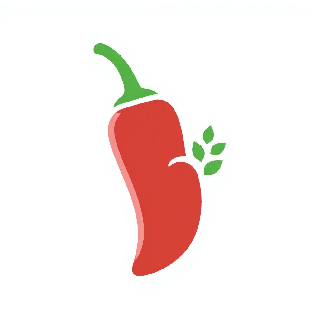Красный перец с зелёным стеблем и маленькими зелёными листьями.