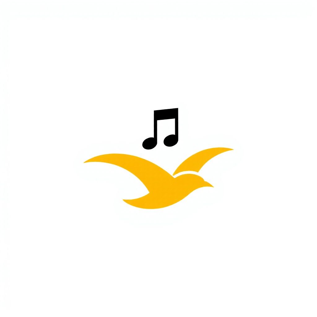 Силуэт желтой птицы с черной музыкальной нотой выше.