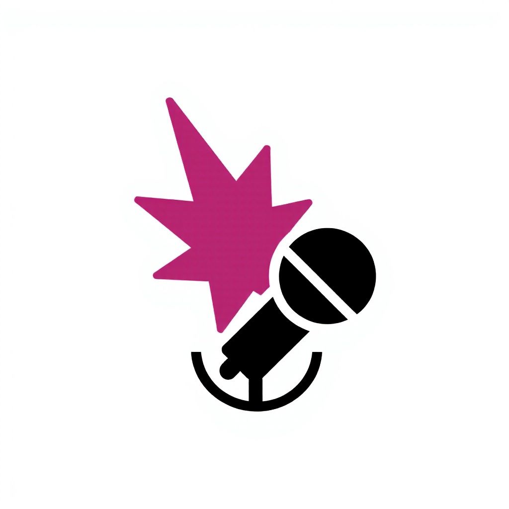 Малиновая музыкальная нота, прорывающаяся через силуэт черного микрофона.