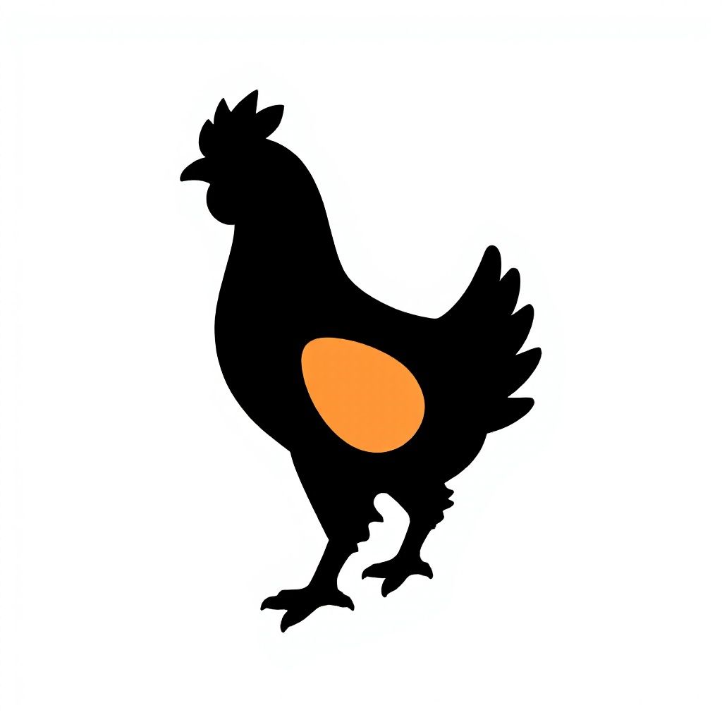 Силуэт черной курицы с одним оранжевым яйцом.