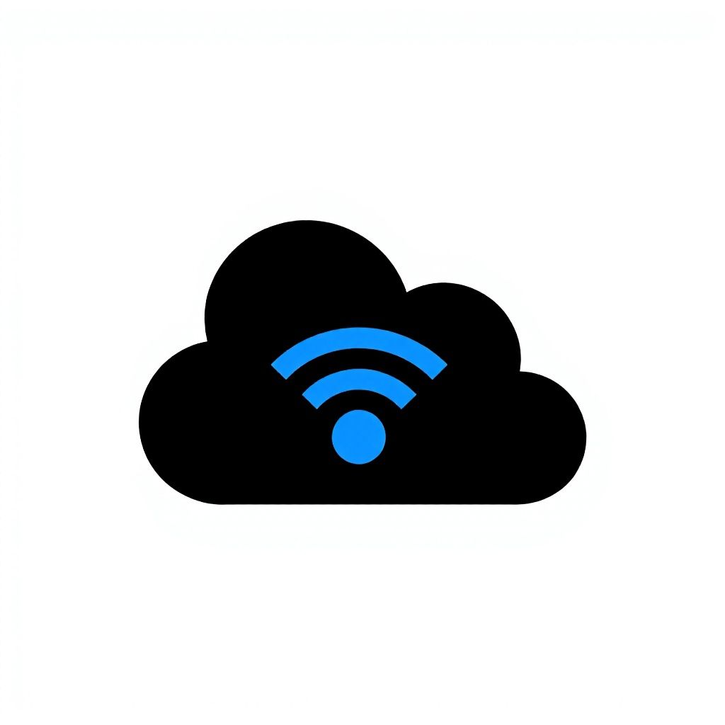 Чёрное абстрактное облако с встроенным синим символом Wi-Fi, намекающее на вычислительные концепции.