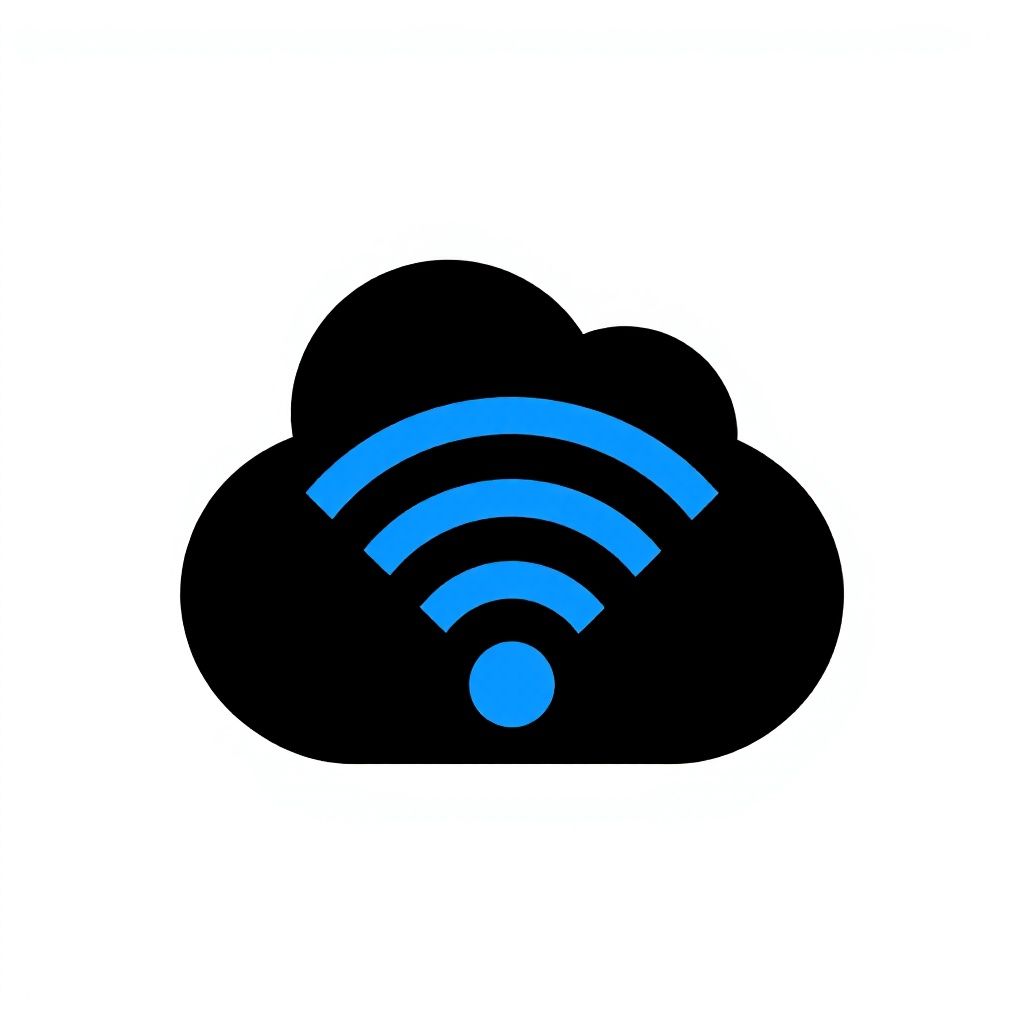 Чёрное абстрактное облако с встроенным синим символом Wi-Fi, намекающее на вычислительные концепции.