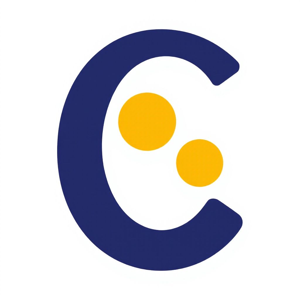 Смелая глубокая синяя 'C', окружающая стилизованную желтую точку, расположенную по центру.