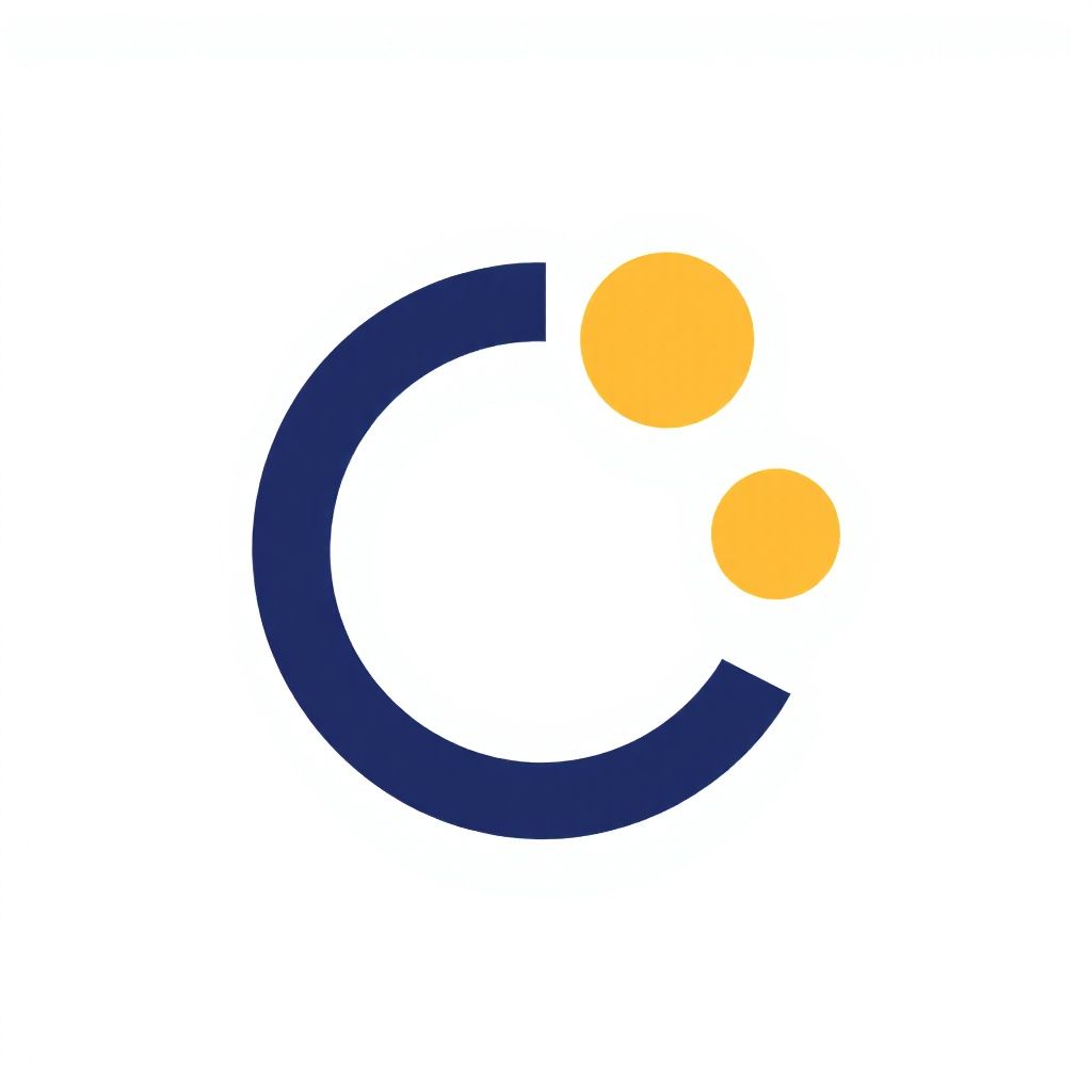 Смелая глубокая синяя 'C', окружающая стилизованную желтую точку, расположенную по центру.