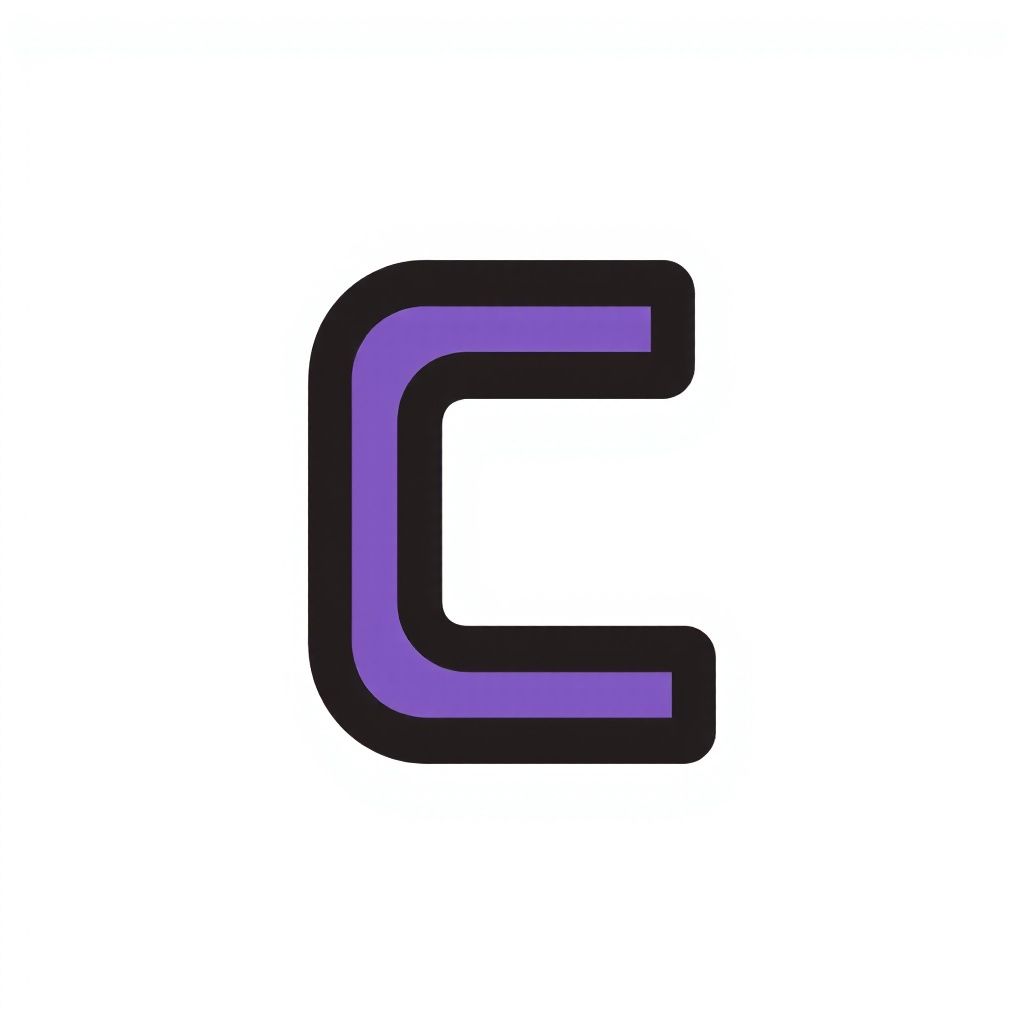 Геометрическая черная 'C', составленная из сложенных прямоугольников, с элементами пурпурного.