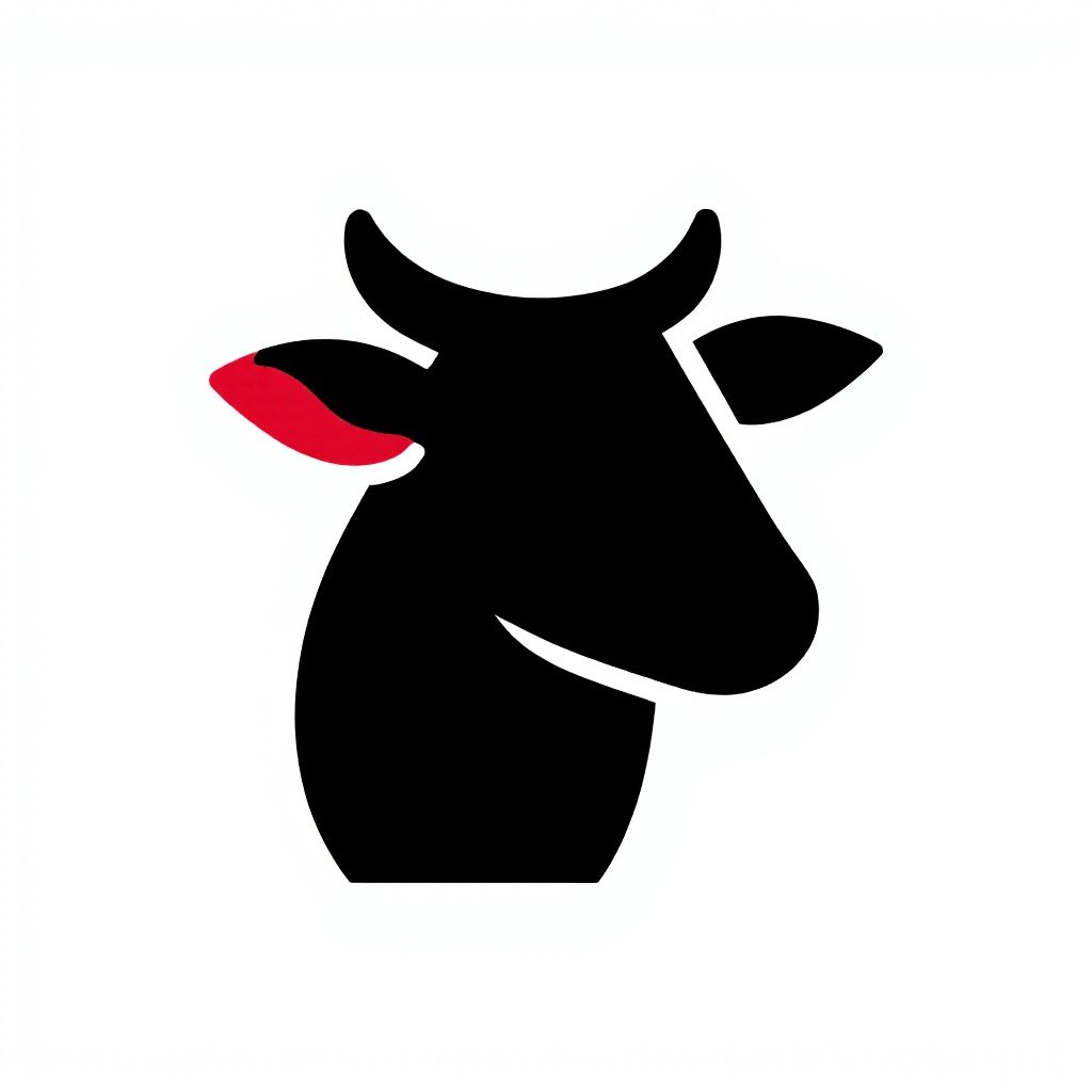 Черно-белый силуэт головы коровы с одним красным ухом.