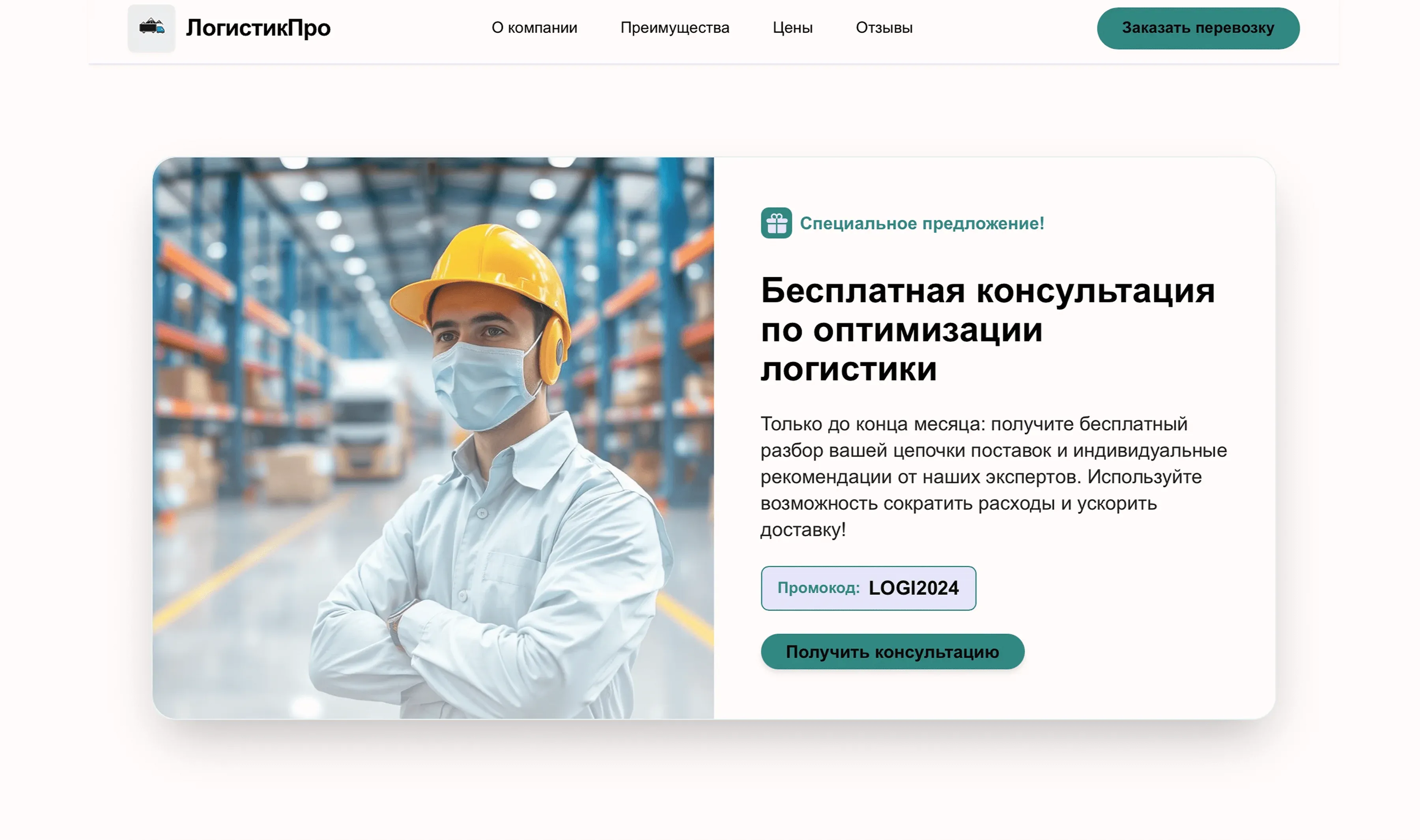 Создай лендинг для логистической компании. Компания специализируется на грузоперевозках, складских услугах и международной доставке. Подчеркни, что компания имеет большой опыт работы, предлагает профессиональные логистические решения и индивидуальный подход к каждому грузу. Укажи, что приоритетом является своевременная доставка и сохранность груза на всех этапах транспортировки. Популярные услуги: Грузоперевозки по России, международная доставка, складское хранение, экспресс-доставка, страхование грузов. Акция: Скидка 10% на первый заказ для новых клиентов.