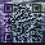 QR‑код, окружённый вихревыми облаками и вспышками